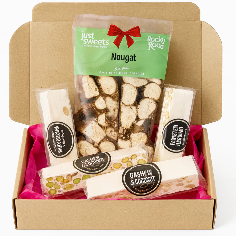 NougatmysteryboxincludesonebagofnewRockyRoadandfournouagtbars